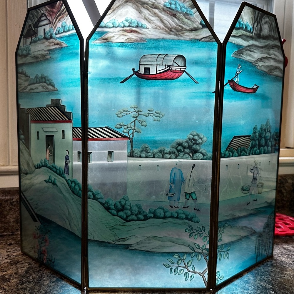Vintage RARE Chinese fireplace glass cover. 15 in X 19.5 in.